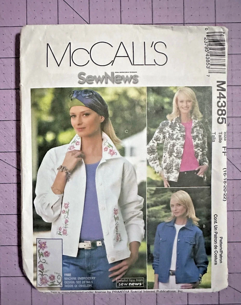 McCalls Sewing Pattern M4385 Jean Jacket 16-22 Front & Back Yoke Embroidery